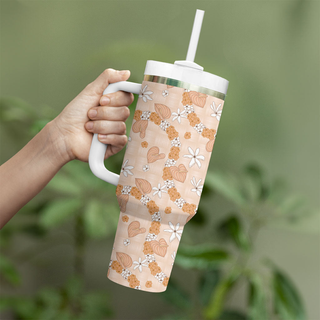 Hawaii Anthurium Tiare Pikake Lei Tumbler With Handle Alani Lauhala Art Pattern