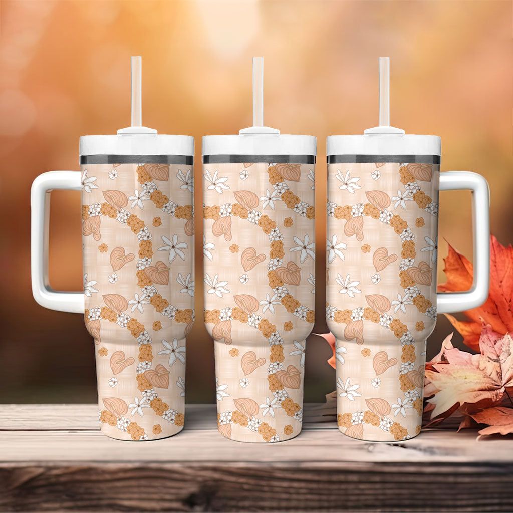 Hawaii Anthurium Tiare Pikake Lei Tumbler With Handle Alani Lauhala Art Pattern