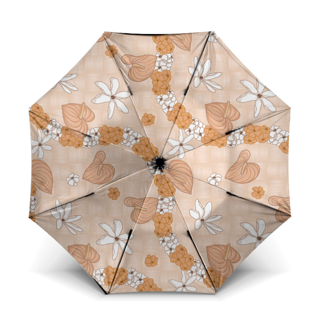Hawaii Anthurium Tiare Pikake Lei Umbrella Alani Lauhala Art Pattern LT01 One Size Folded 11.42 inch Opened Diameter 37.4 inch Orange - Polynesian Pride