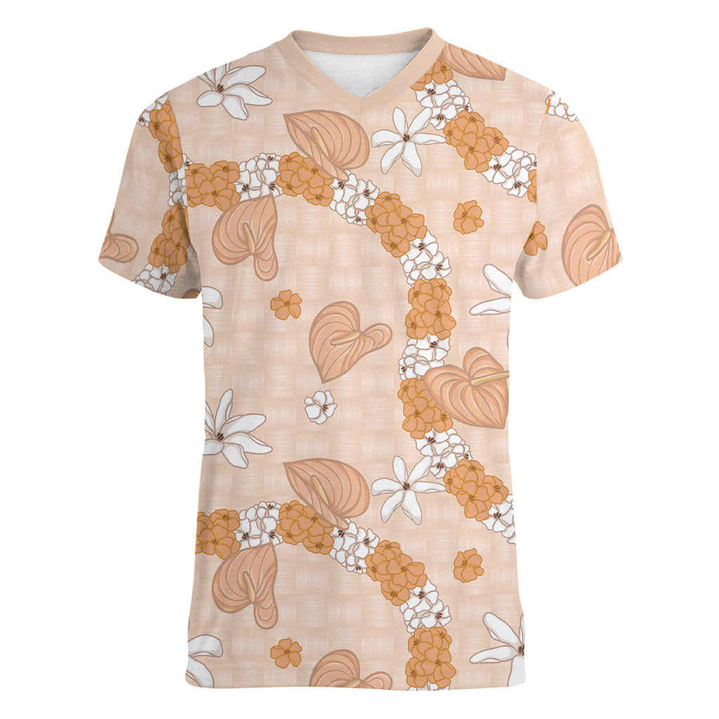 Hawaii Anthurium Tiare Pikake Lei Women V-Neck T-Shirt Alani Lauhala Art Pattern LT01 Female Orange - Polynesian Pride