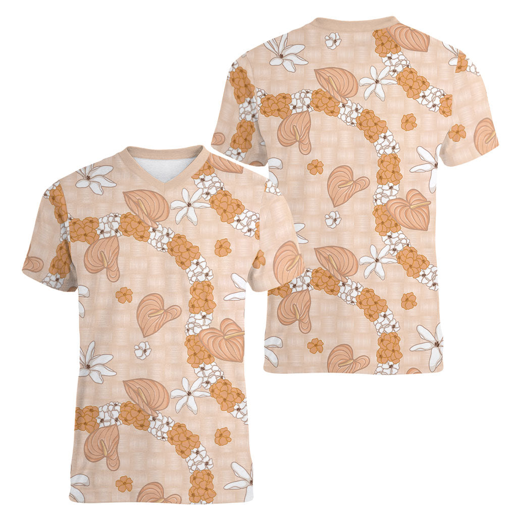 Hawaii Anthurium Tiare Pikake Lei Women V-Neck T-Shirt Alani Lauhala Art Pattern LT01 - Polynesian Pride