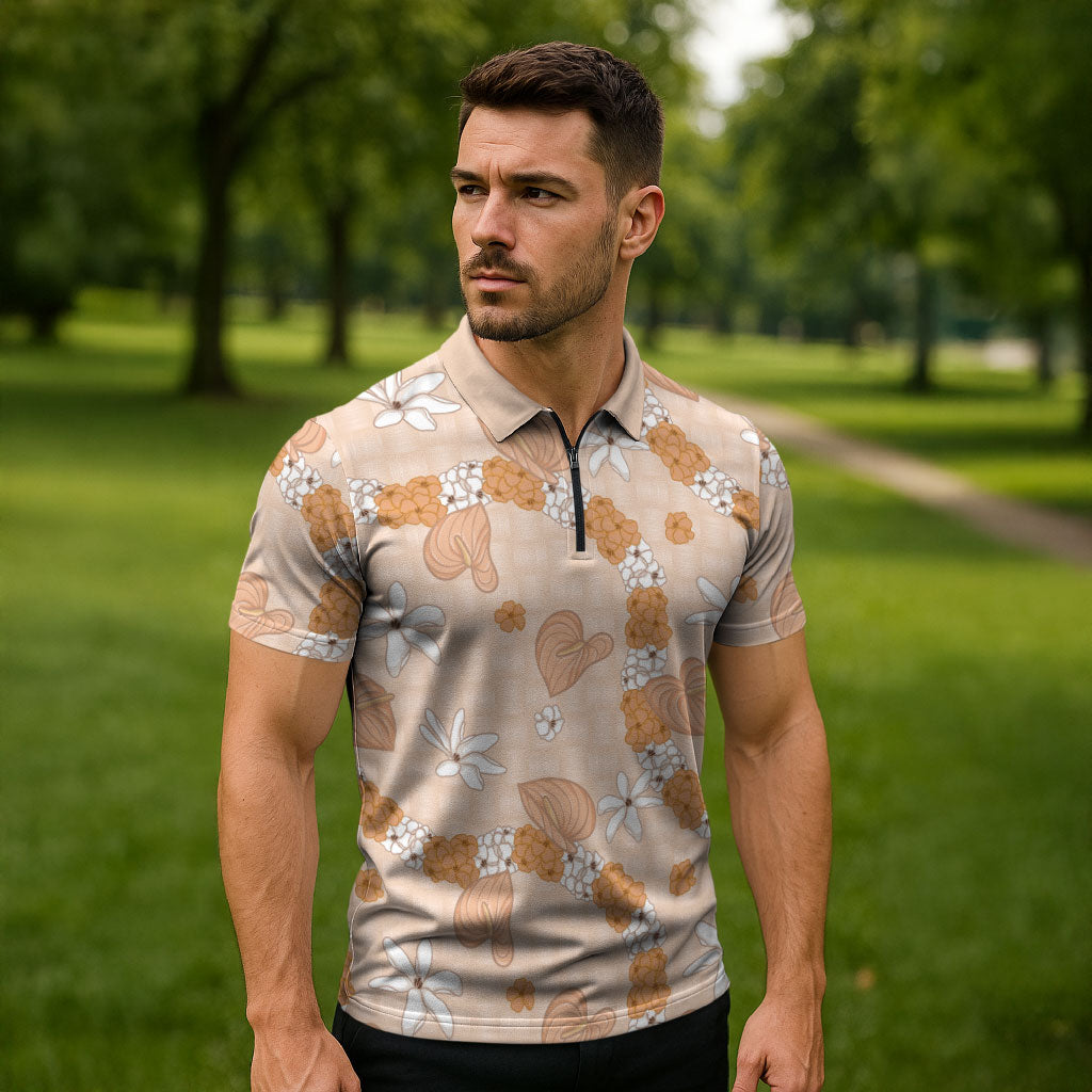 Hawaii Anthurium Tiare Pikake Lei Zipper Polo Shirt Alani Lauhala Art Pattern LT01 - Polynesian Pride