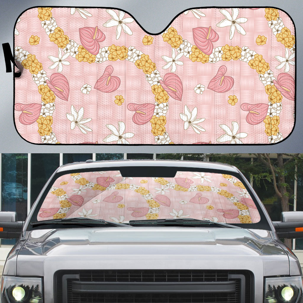 Hawaii Anthurium Tiare Pikake Lei Auto Sun Shade Akala Lauhala Art Pattern LT01 Pink - Polynesian Pride