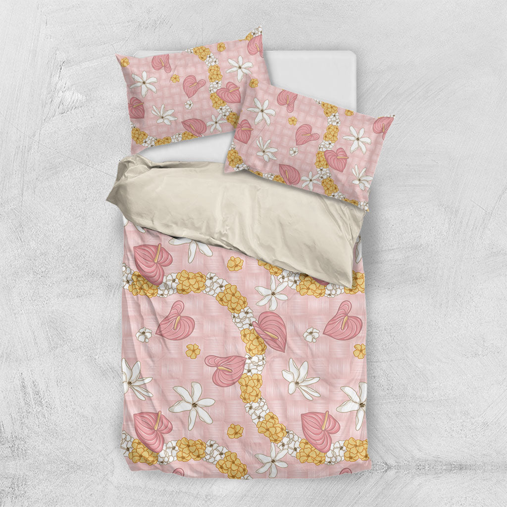 Hawaii Anthurium Tiare Pikake Lei Bedding Set Akala Lauhala Art Pattern LT01 US Twin 172cm x 218cm Pink - Polynesian Pride