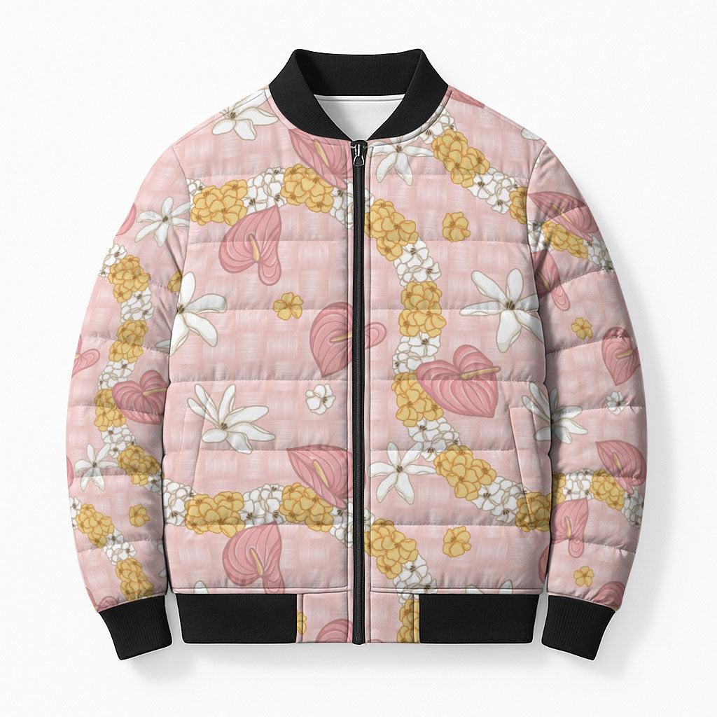 Hawaii Anthurium Tiare Pikake Lei Bomber Puffer Jacket Akala Lauhala Art Pattern LT01 Unisex Pink - Polynesian Pride