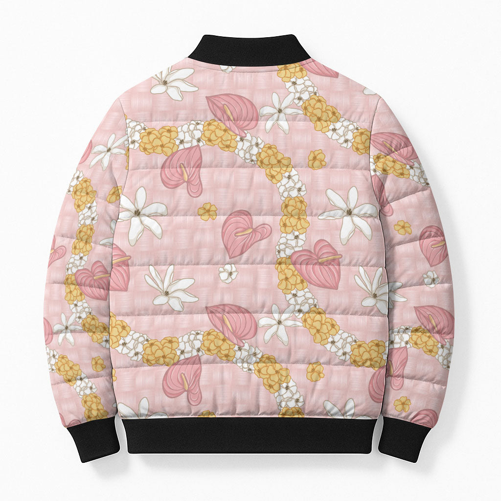 Hawaii Anthurium Tiare Pikake Lei Bomber Puffer Jacket Akala Lauhala Art Pattern LT01 - Polynesian Pride
