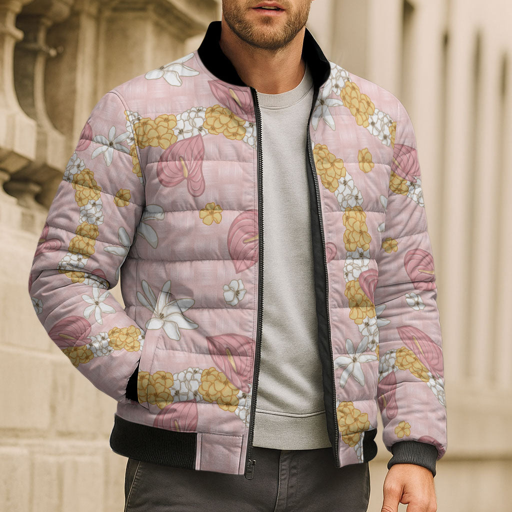 Hawaii Anthurium Tiare Pikake Lei Bomber Puffer Jacket Akala Lauhala Art Pattern LT01 - Polynesian Pride