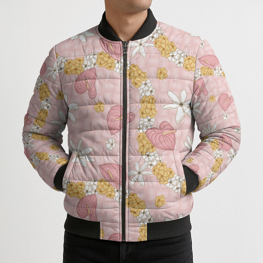 Hawaii Anthurium Tiare Pikake Lei Bomber Puffer Jacket Akala Lauhala Art Pattern LT01 - Polynesian Pride