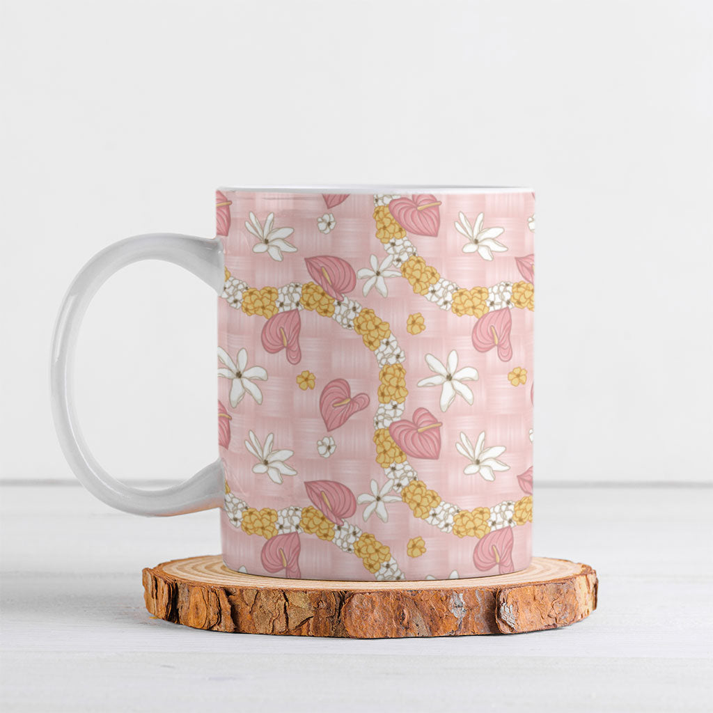 Hawaii Anthurium Tiare Pikake Lei Ceramic Mug Akala Lauhala Art Pattern LT01 Pink - Polynesian Pride
