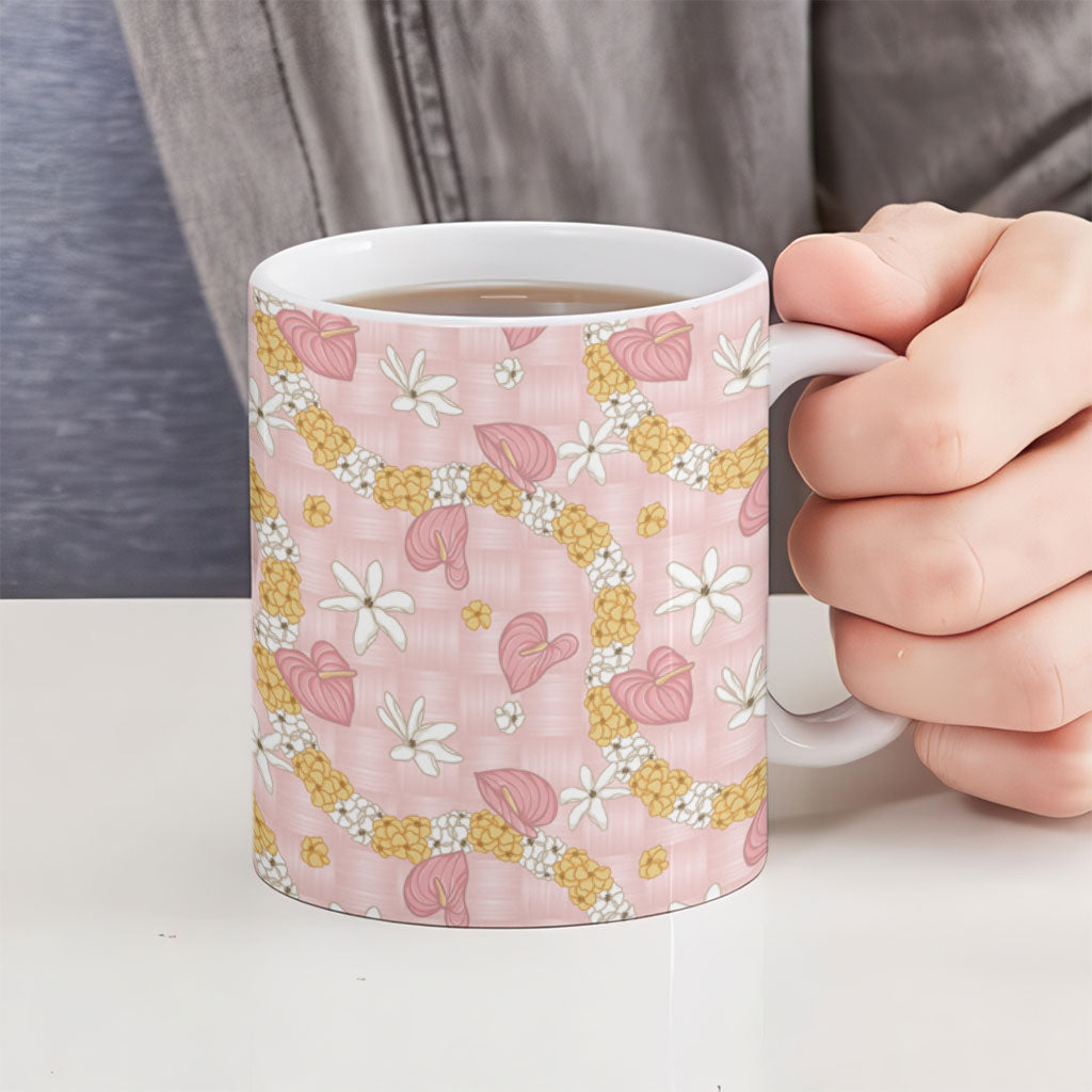 Hawaii Anthurium Tiare Pikake Lei Ceramic Mug Akala Lauhala Art Pattern LT01 - Polynesian Pride