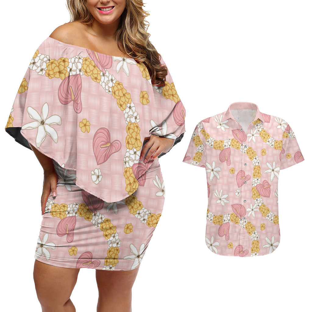 Hawaii Anthurium Tiare Pikake Lei Couples Matching Off Shoulder Short Dress and Hawaiian Shirt Akala Lauhala Art Pattern