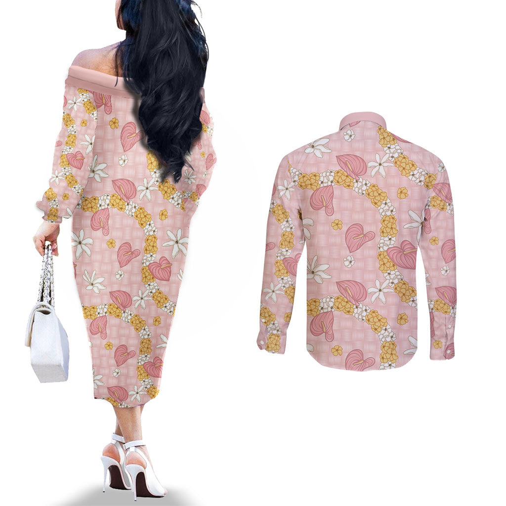 Hawaii Anthurium Tiare Pikake Lei Couples Matching Off The Shoulder Long Sleeve Dress and Long Sleeve Button Shirt Akala Lauhala Art Pattern
