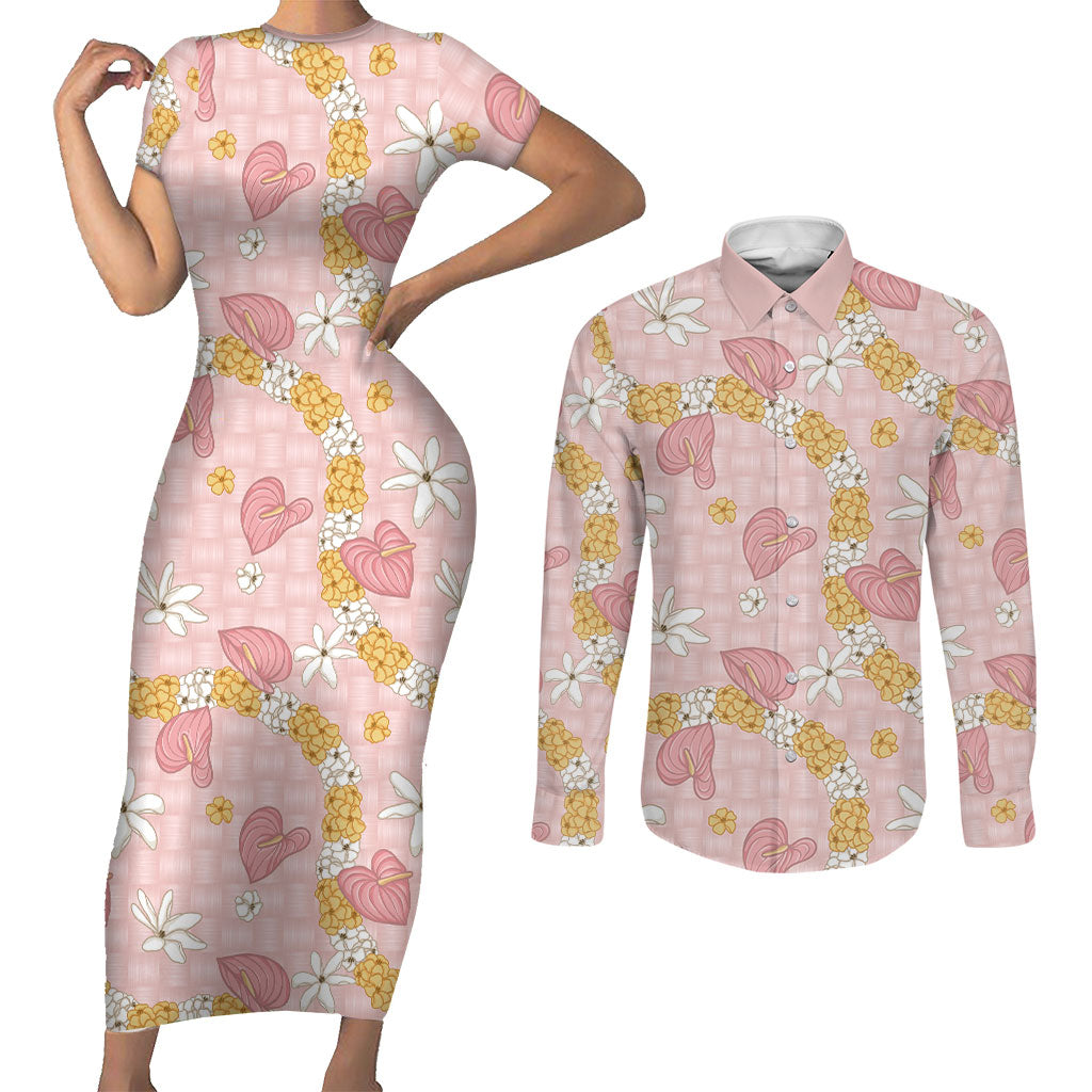 Hawaii Anthurium Tiare Pikake Lei Couples Matching Short Sleeve Bodycon Dress and Long Sleeve Button Shirt Akala Lauhala Art Pattern