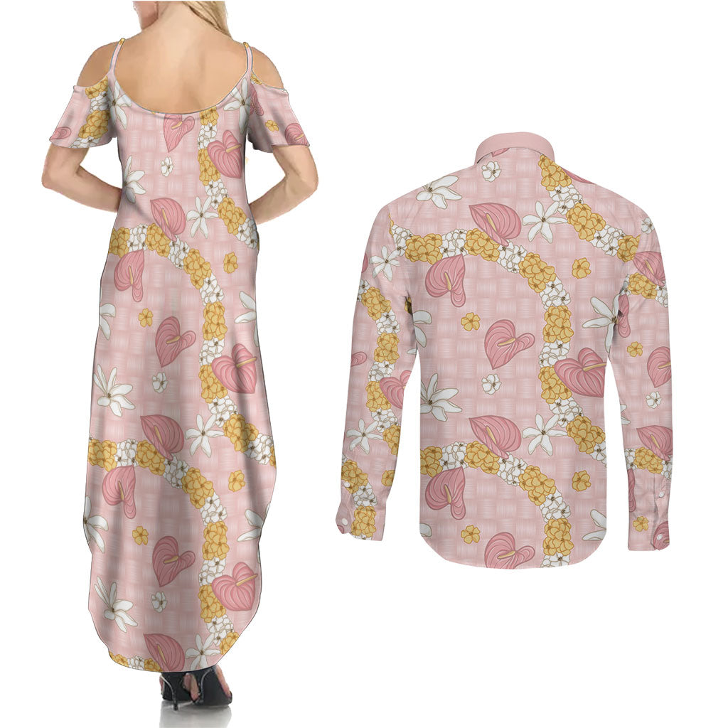 Hawaii Anthurium Tiare Pikake Lei Couples Matching Summer Maxi Dress and Long Sleeve Button Shirt Akala Lauhala Art Pattern LT01 - Polynesian Pride
