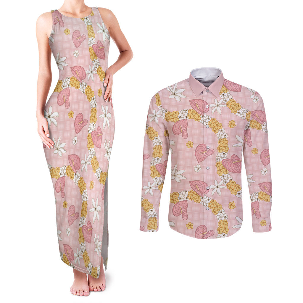 Hawaii Anthurium Tiare Pikake Lei Couples Matching Tank Maxi Dress and Long Sleeve Button Shirt Akala Lauhala Art Pattern