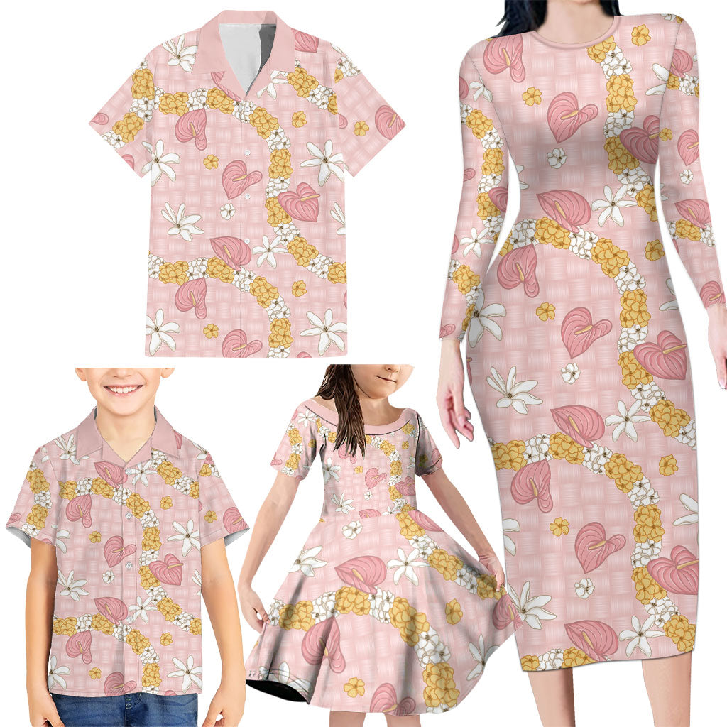 Hawaii Anthurium Tiare Pikake Lei Family Matching Long Sleeve Bodycon Dress and Hawaiian Shirt Akala Lauhala Art Pattern