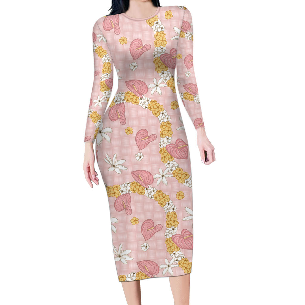 Hawaii Anthurium Tiare Pikake Lei Family Matching Long Sleeve Bodycon Dress and Hawaiian Shirt Akala Lauhala Art Pattern