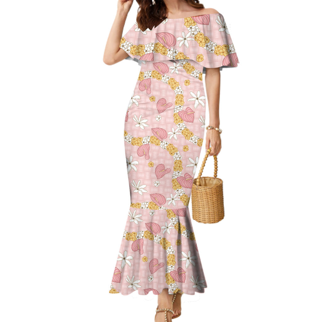 Hawaii Anthurium Tiare Pikake Lei Family Matching Mermaid Dress and Hawaiian Shirt Akala Lauhala Art Pattern