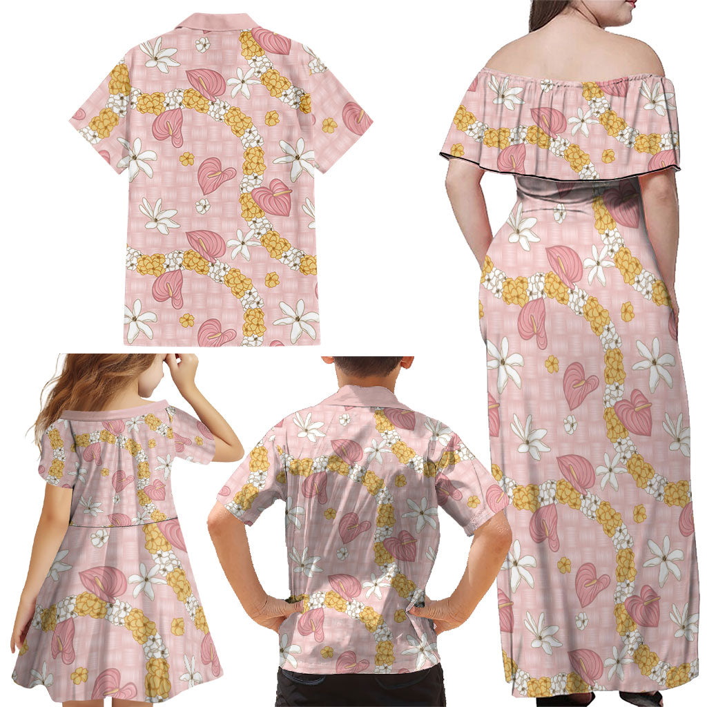 Hawaii Anthurium Tiare Pikake Lei Family Matching Off Shoulder Maxi Dress and Hawaiian Shirt Akala Lauhala Art Pattern