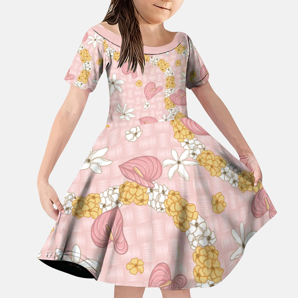 Hawaii Anthurium Tiare Pikake Lei Family Matching Off Shoulder Short Dress and Hawaiian Shirt Akala Lauhala Art Pattern
