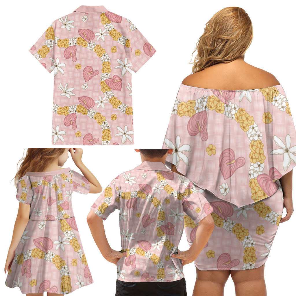Hawaii Anthurium Tiare Pikake Lei Family Matching Off Shoulder Short Dress and Hawaiian Shirt Akala Lauhala Art Pattern