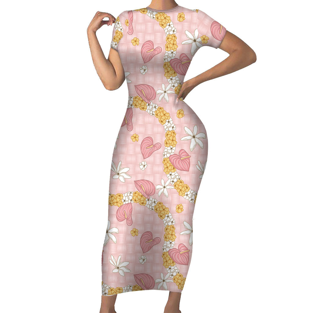 Hawaii Anthurium Tiare Pikake Lei Family Matching Short Sleeve Bodycon Dress and Hawaiian Shirt Akala Lauhala Art Pattern