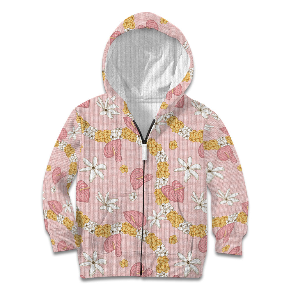 Hawaii Anthurium Tiare Pikake Lei Kid Hoodie Akala Lauhala Art Pattern LT01 Zip Hoodie Pink - Polynesian Pride