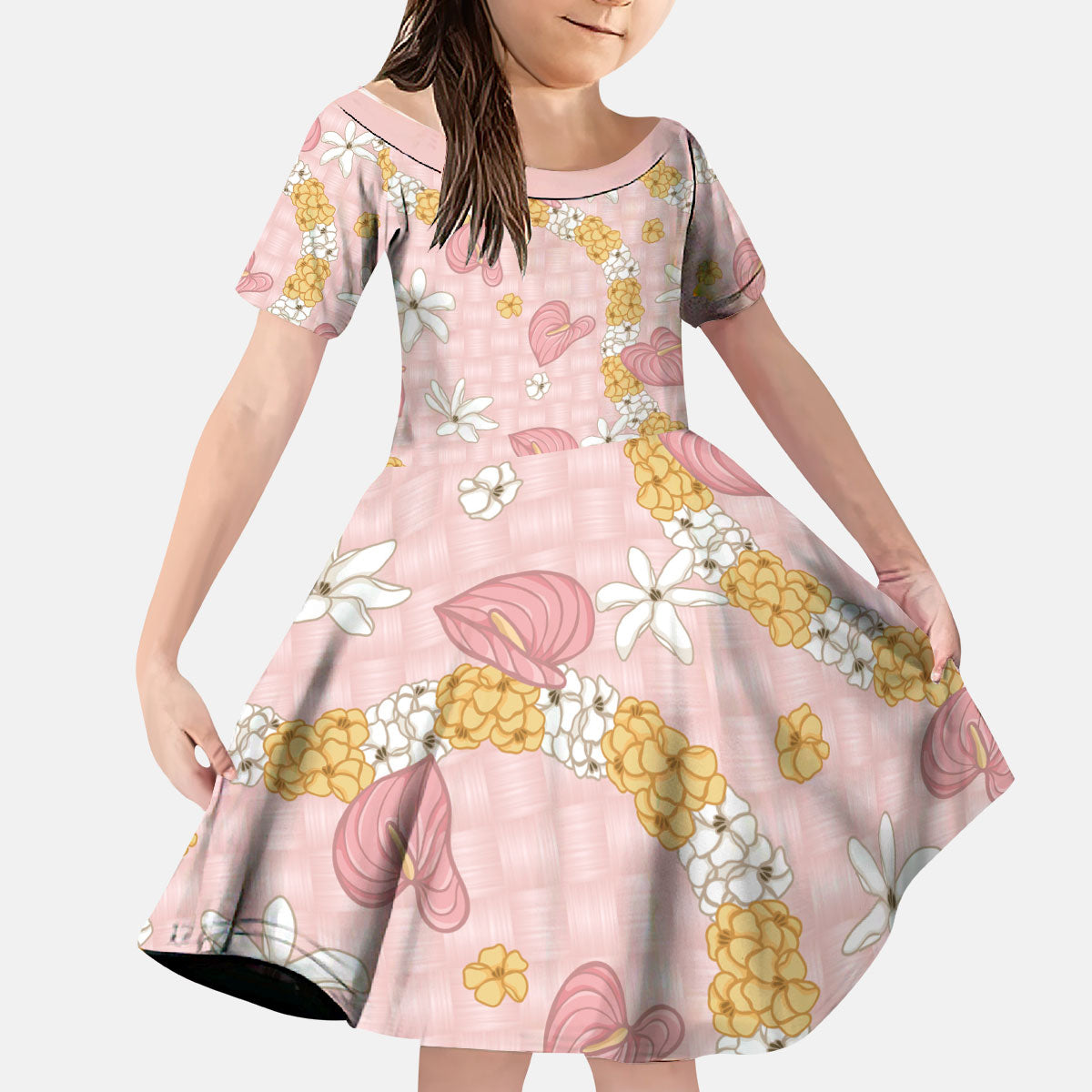 Hawaii Anthurium Tiare Pikake Lei Kid Short Sleeve Dress Akala Lauhala Art Pattern LT01 KID Pink - Polynesian Pride