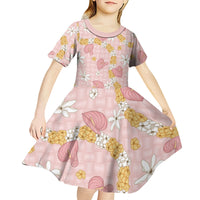 Hawaii Anthurium Tiare Pikake Lei Kid Short Sleeve Dress Akala Lauhala Art Pattern LT01 - Polynesian Pride