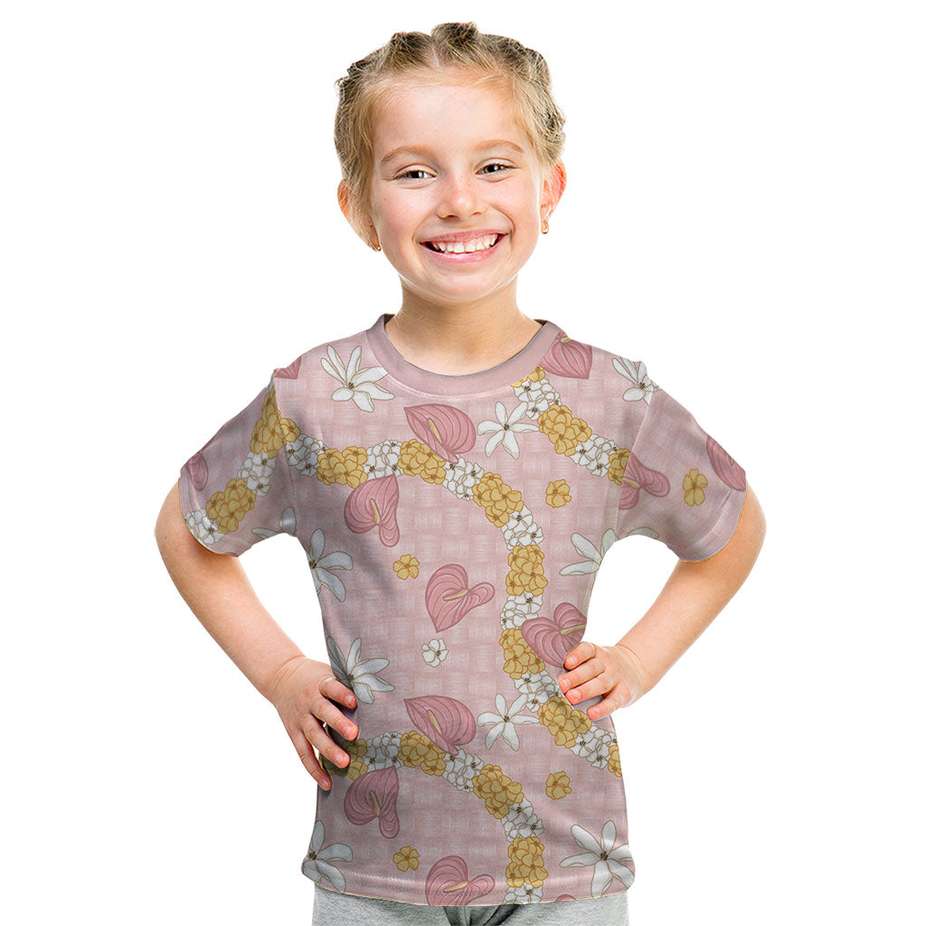 Hawaii Anthurium Tiare Pikake Lei Kid T Shirt Akala Lauhala Art Pattern LT01 Pink - Polynesian Pride