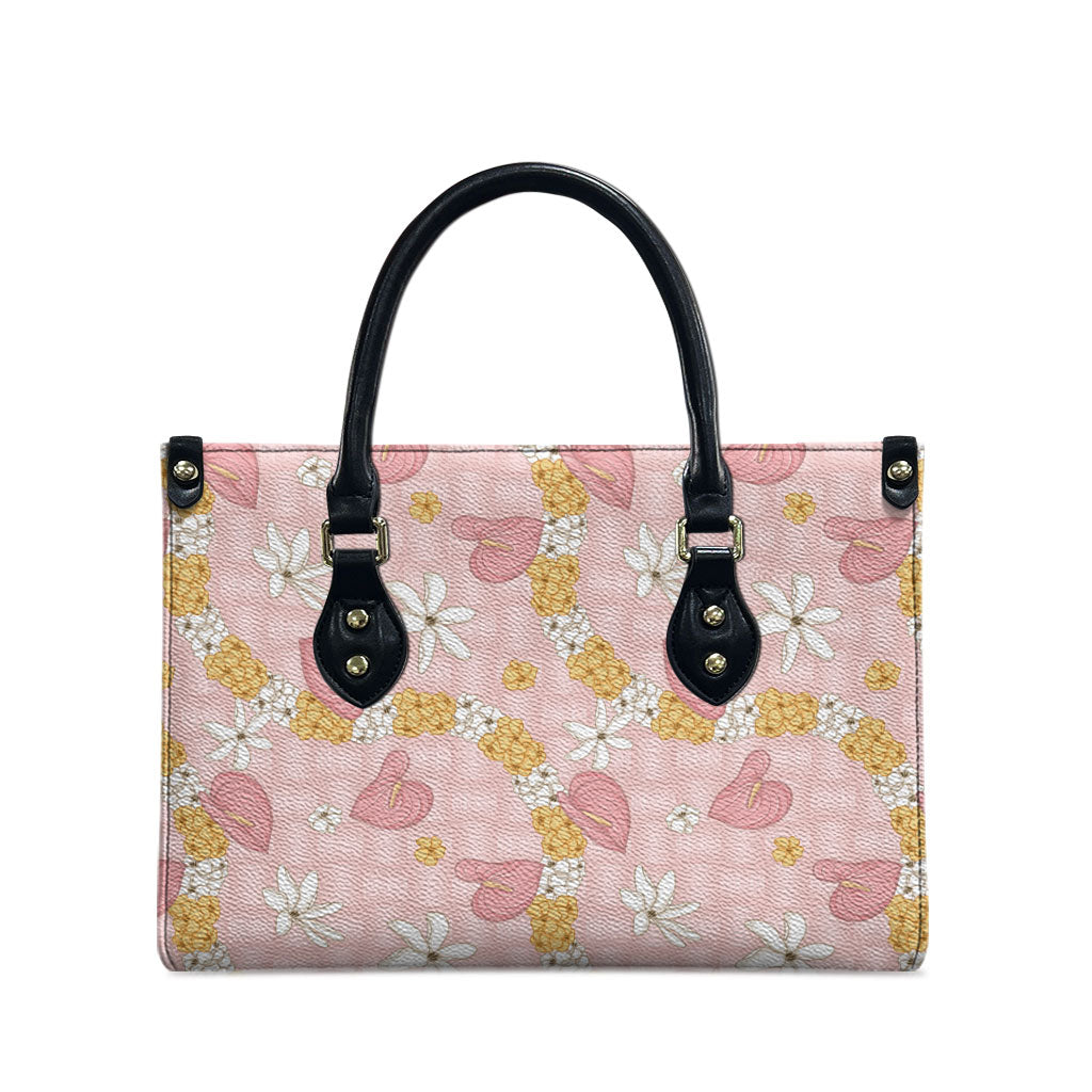 Hawaii Anthurium Tiare Pikake Lei Leather Bag Akala Lauhala Art Pattern