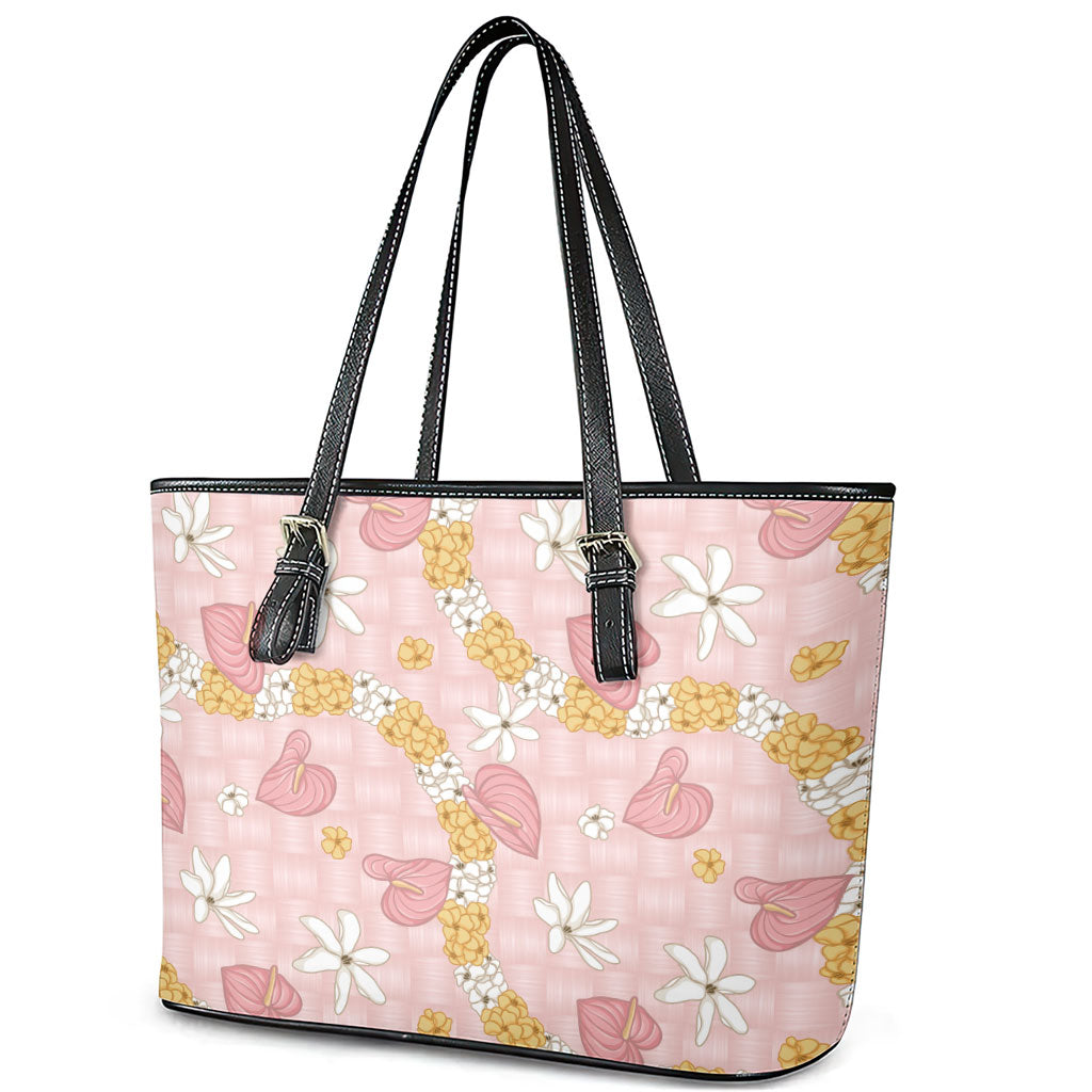 Hawaii Anthurium Tiare Pikake Lei Leather Tote Bag Akala Lauhala Art Pattern LT01 - Polynesian Pride