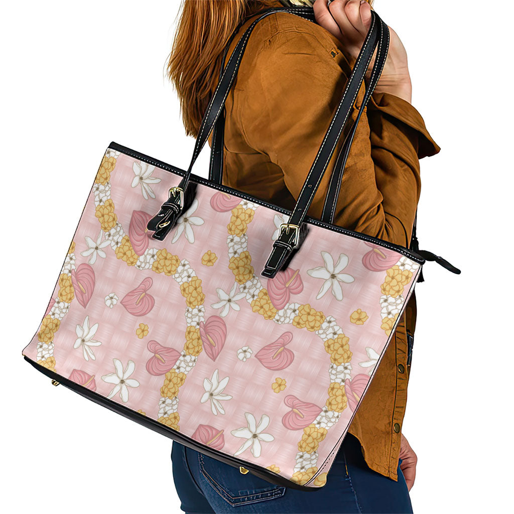 Hawaii Anthurium Tiare Pikake Lei Leather Tote Bag Akala Lauhala Art Pattern LT01 - Polynesian Pride