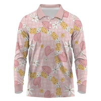 Hawaii Anthurium Tiare Pikake Lei Long Sleeve Polo Shirt Akala Lauhala Art Pattern LT01 Pink - Polynesian Pride