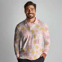 Hawaii Anthurium Tiare Pikake Lei Long Sleeve Polo Shirt Akala Lauhala Art Pattern LT01 - Polynesian Pride