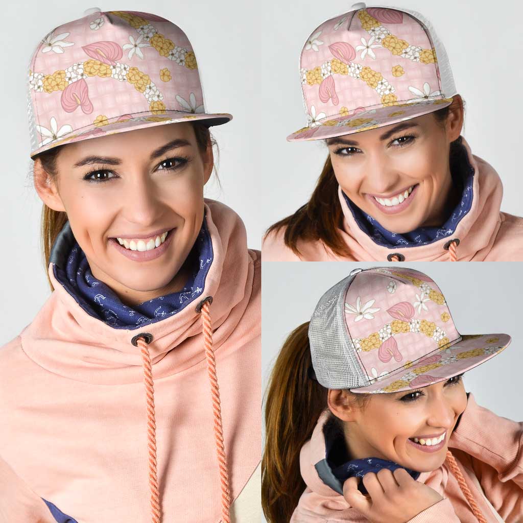 Hawaii Anthurium Tiare Pikake Lei Mesh Trucker Cap Akala Lauhala Art Pattern LT01 - Polynesian Pride