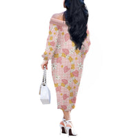 Hawaii Anthurium Tiare Pikake Lei Off The Shoulder Long Sleeve Dress Akala Lauhala Art Pattern LT01 - Polynesian Pride
