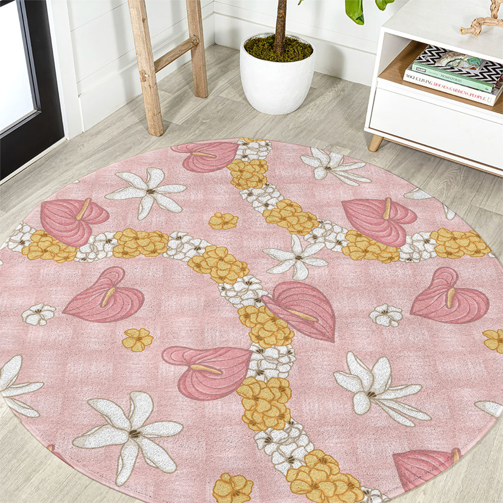 Hawaii Anthurium Tiare Pikake Lei Round Carpet Akala Lauhala Art Pattern LT01 Pink - Polynesian Pride