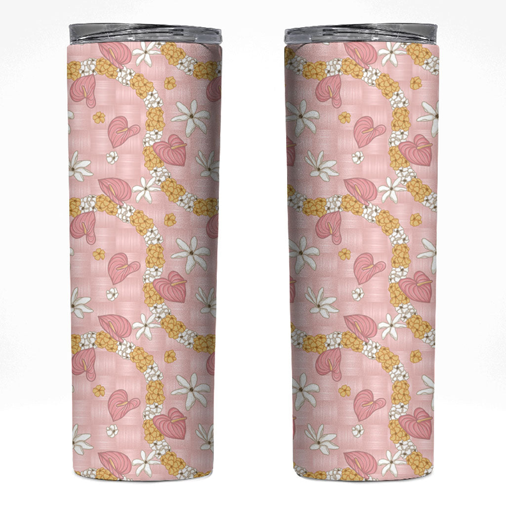 Hawaii Anthurium Tiare Pikake Lei Skinny Tumbler Akala Lauhala Art Pattern LT01 Pink - Polynesian Pride