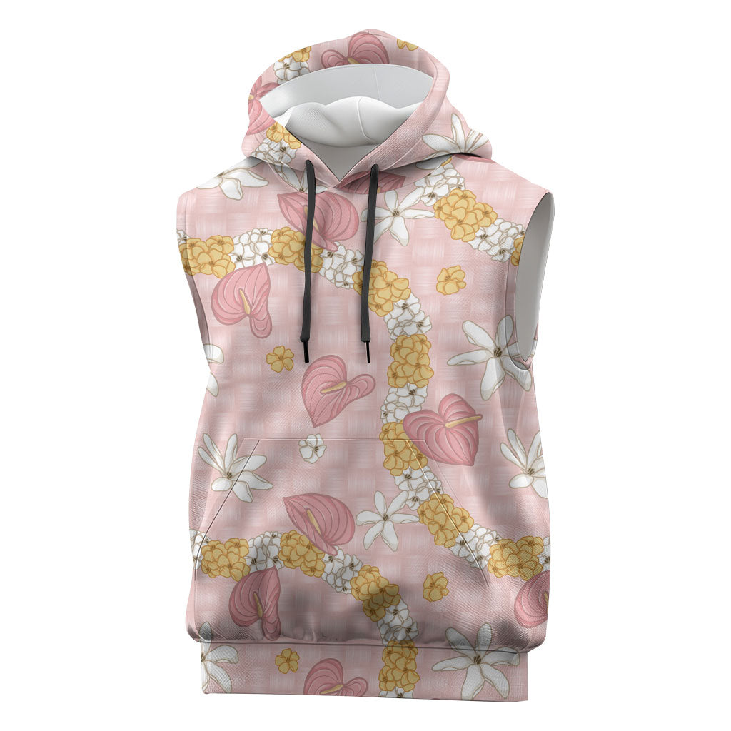 Hawaii Anthurium Tiare Pikake Lei Sleeveless Hoodie Akala Lauhala Art Pattern