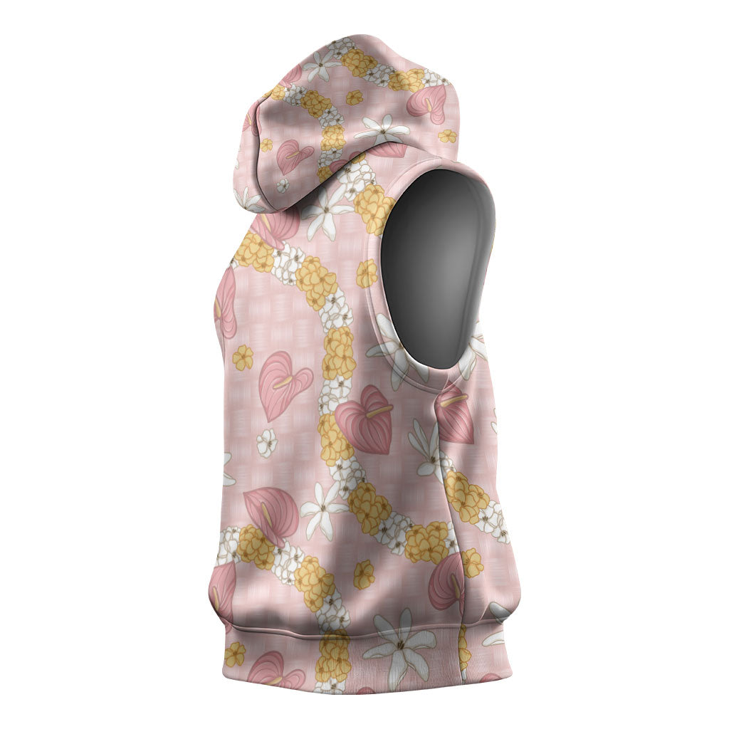 Hawaii Anthurium Tiare Pikake Lei Sleeveless Hoodie Akala Lauhala Art Pattern LT01 - Polynesian Pride
