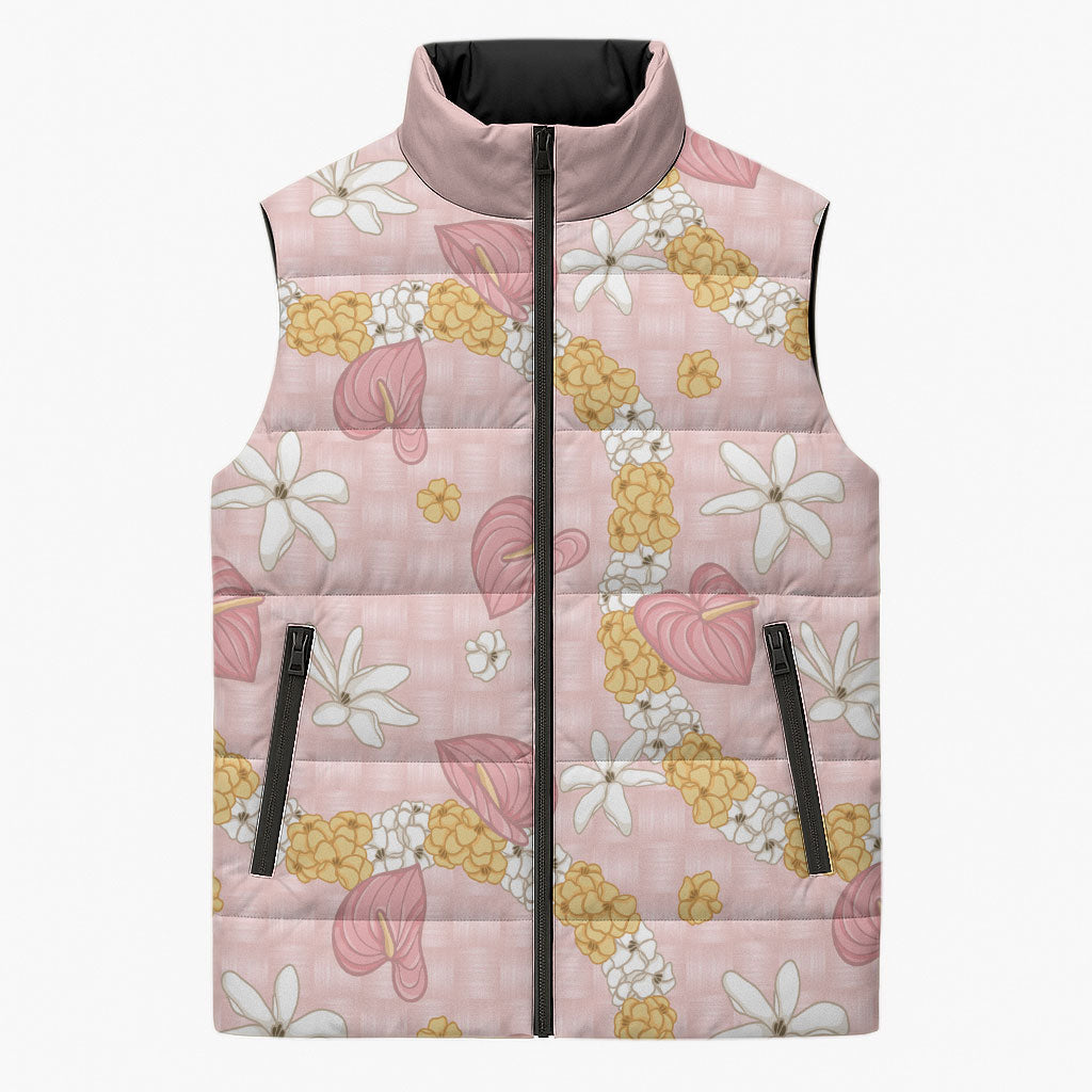 Hawaii Anthurium Tiare Pikake Lei Sleeveless Puffer Jacket Akala Lauhala Art Pattern LT01 Unisex Pink - Polynesian Pride