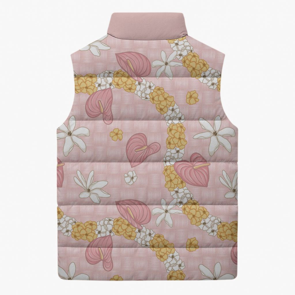 Hawaii Anthurium Tiare Pikake Lei Sleeveless Puffer Jacket Akala Lauhala Art Pattern LT01 - Polynesian Pride