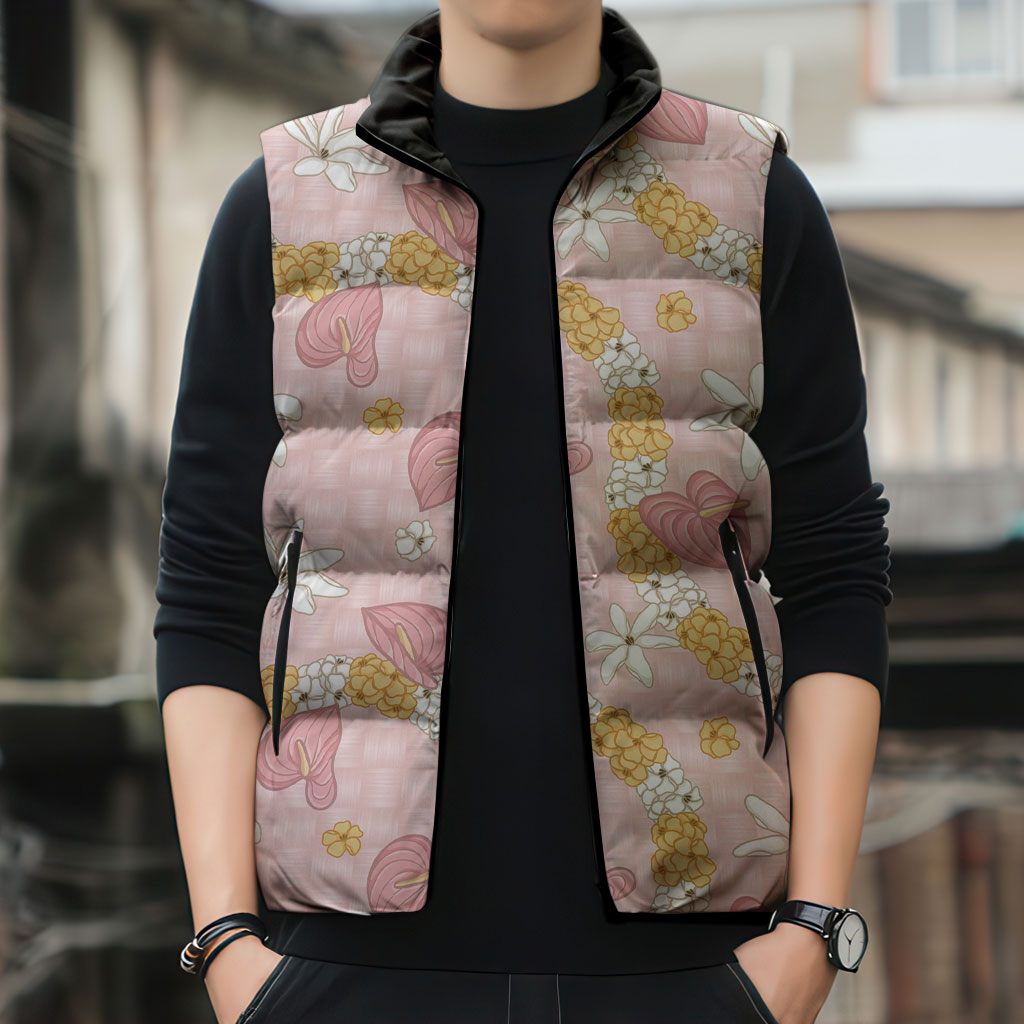 Hawaii Anthurium Tiare Pikake Lei Sleeveless Puffer Jacket Akala Lauhala Art Pattern LT01 - Polynesian Pride