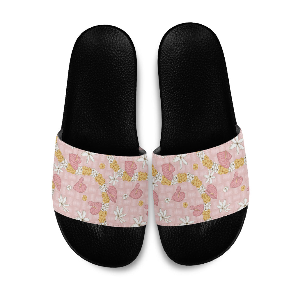 Hawaii Anthurium Tiare Pikake Lei Slide Sandals Akala Lauhala Art Pattern LT01 Pink - Polynesian Pride