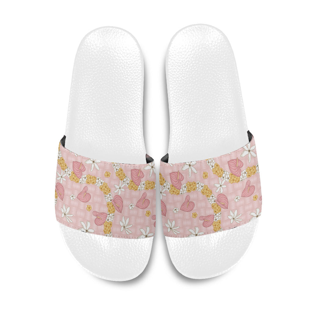 Hawaii Anthurium Tiare Pikake Lei Slide Sandals Akala Lauhala Art Pattern LT01 Pink - Polynesian Pride