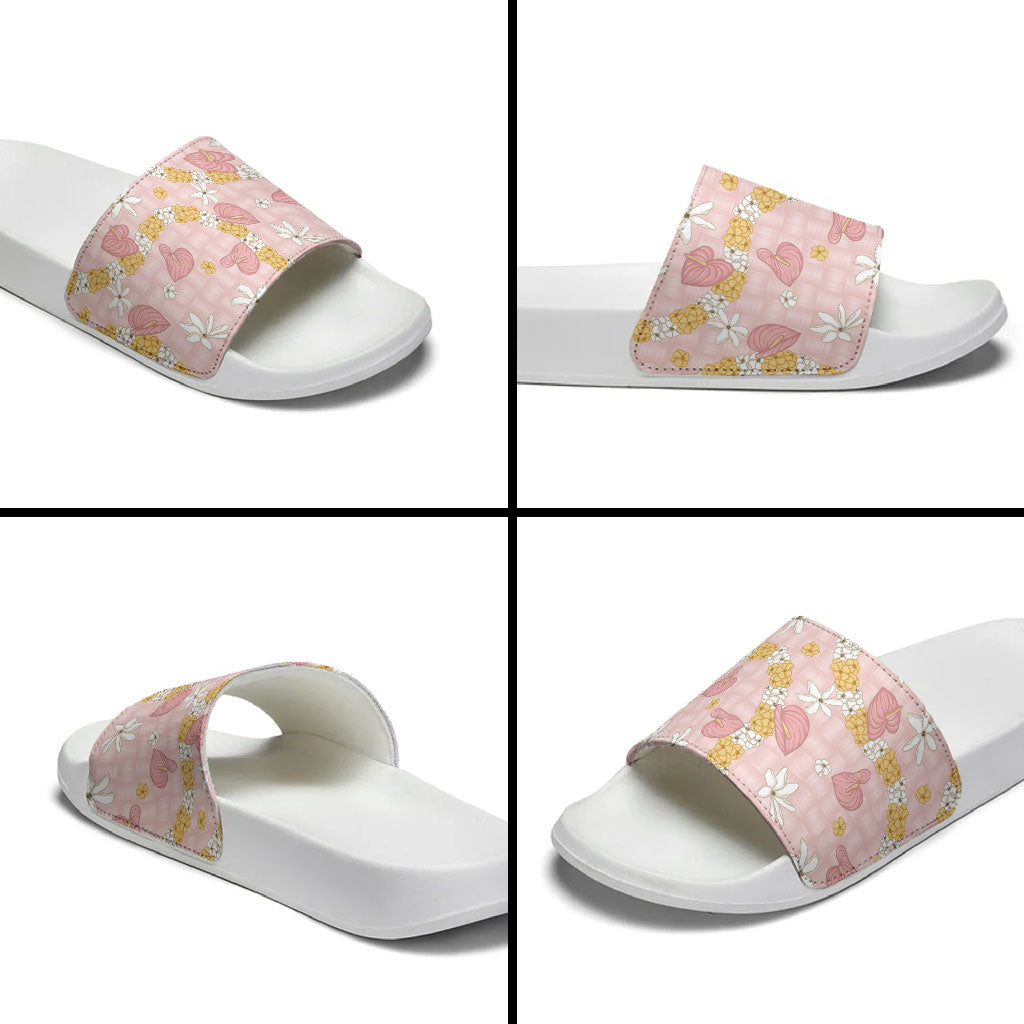 Hawaii Anthurium Tiare Pikake Lei Slide Sandals Akala Lauhala Art Pattern LT01 - Polynesian Pride