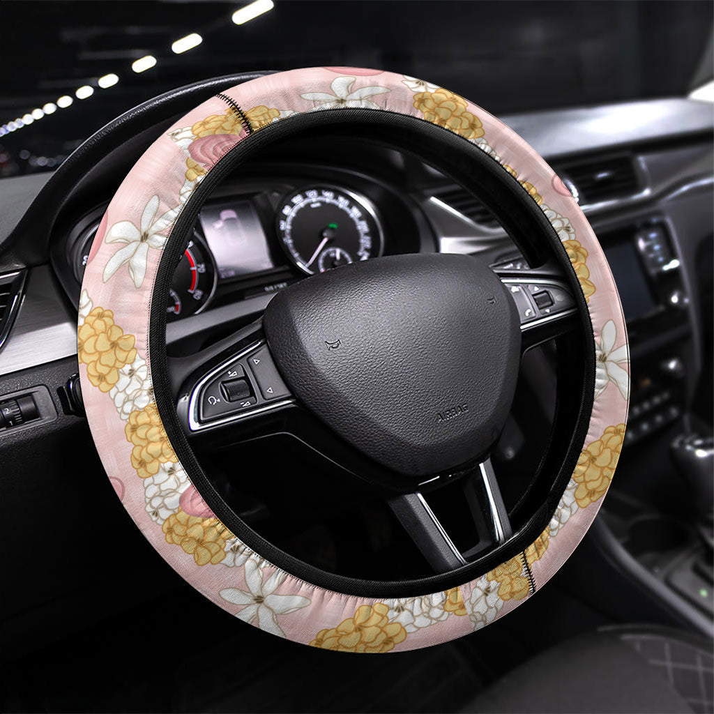 Hawaii Anthurium Tiare Pikake Lei Steering Wheel Cover Akala Lauhala Art Pattern