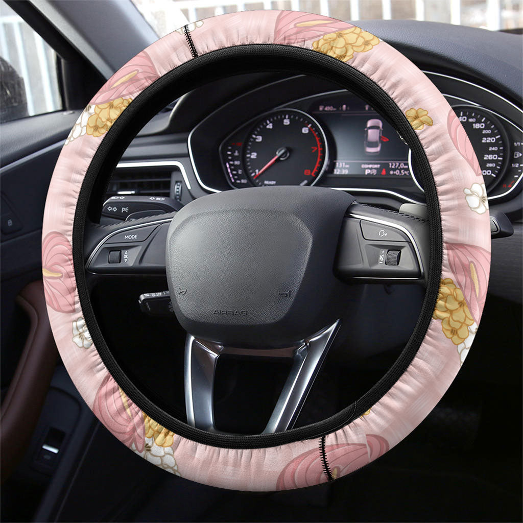 Hawaii Anthurium Tiare Pikake Lei Steering Wheel Cover Akala Lauhala Art Pattern