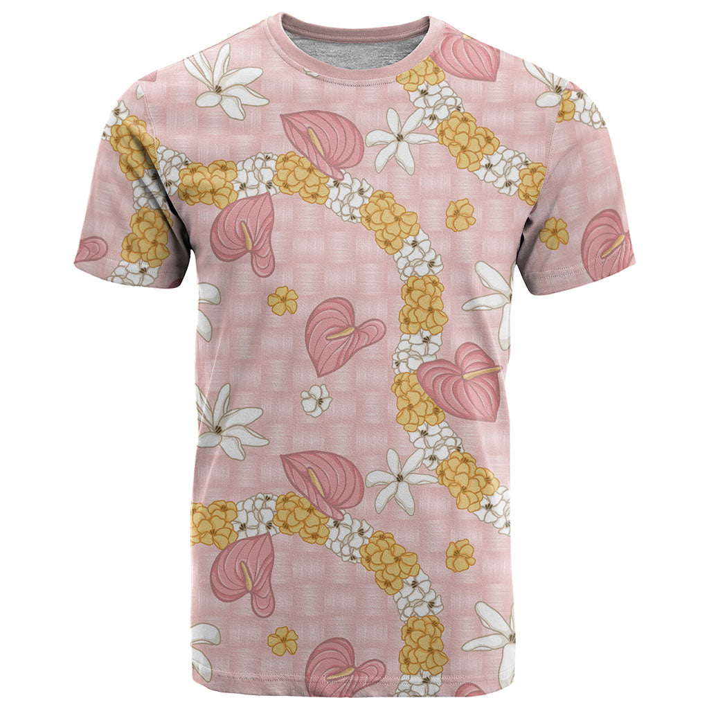 Hawaii Anthurium Tiare Pikake Lei T Shirt Akala Lauhala Art Pattern LT01 Pink - Polynesian Pride